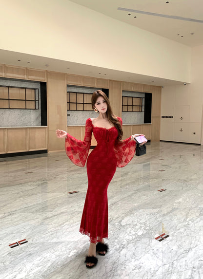 Sweet Square Neck Mermaid Maxi Dress Hottie Red Lace Long Bell Sleeve Evening Long Dress AP3825