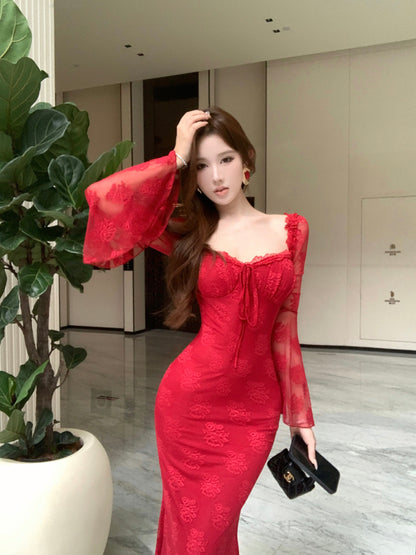 Sweet Square Neck Mermaid Maxi Dress Hottie Red Lace Long Bell Sleeve Evening Long Dress AP3825