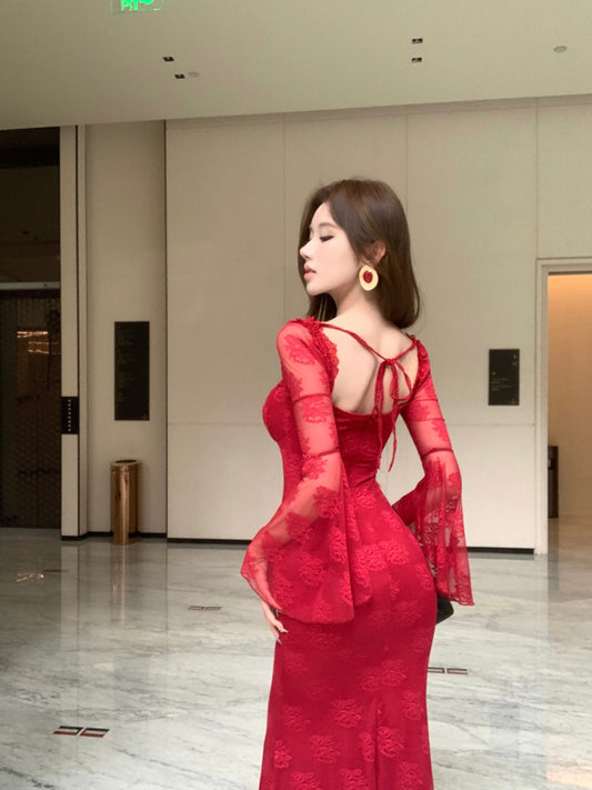 Sweet Square Neck Mermaid Maxi Dress Hottie Red Lace Long Bell Sleeve Evening Long Dress AP3825