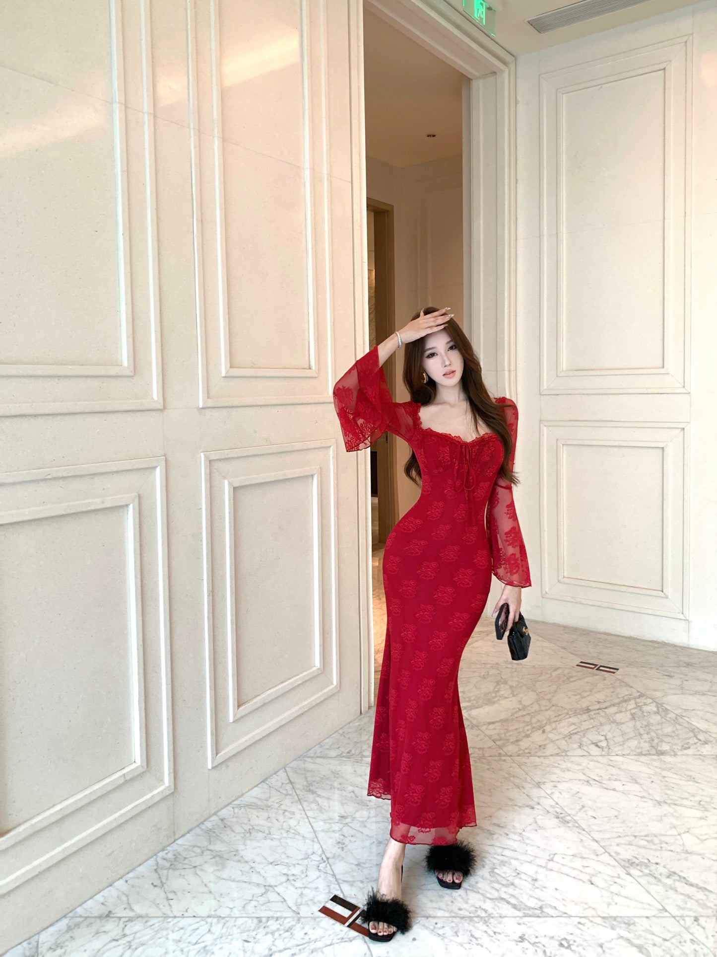 Sweet Square Neck Mermaid Maxi Dress Hottie Red Lace Long Bell Sleeve Evening Long Dress AP3825