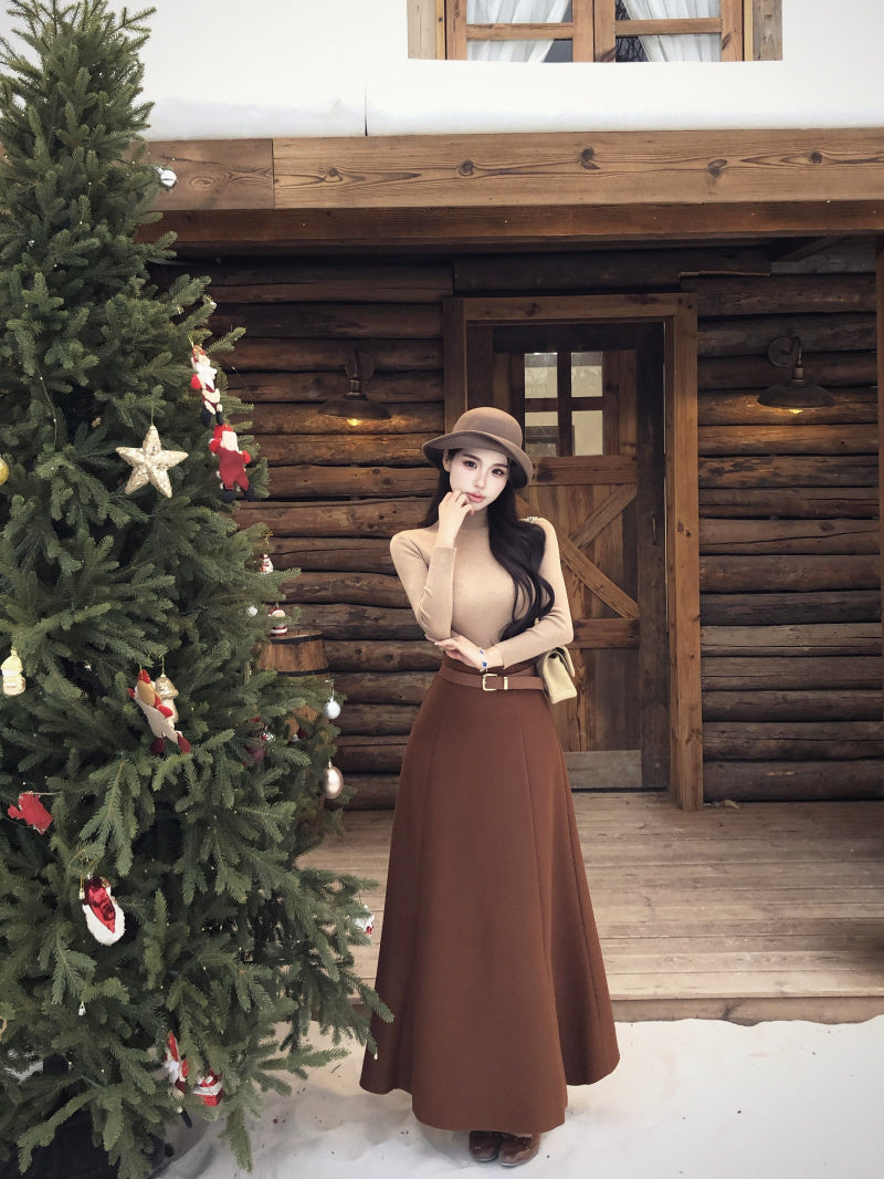 Cute 2-Piece Set High Collar Maxi Dresses Retro A-Line Long Sleeve Long Dress AP3826