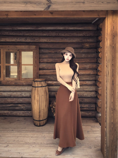 Cute 2-Piece Set High Collar Maxi Dresses Retro A-Line Long Sleeve Long Dress AP3826