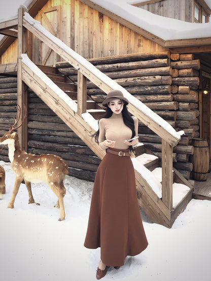 Cute 2-Piece Set High Collar Maxi Dresses Retro A-Line Long Sleeve Long Dress AP3826