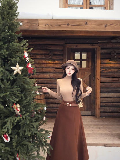 Cute 2-Piece Set High Collar Maxi Dresses Retro A-Line Long Sleeve Long Dress AP3826