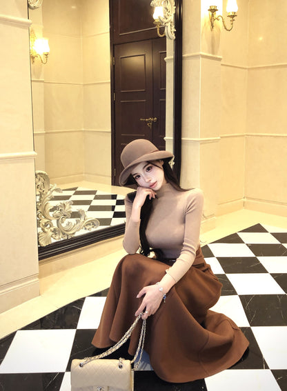 Cute 2-Piece Set High Collar Maxi Dresses Retro A-Line Long Sleeve Long Dress AP3826