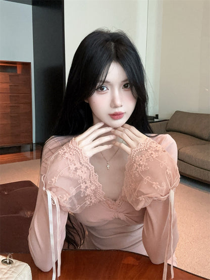 Vintage Long Bell Sleeve V Neck Mini Skirt Sweet Bodycon Lace Trim Short Dress AP3827