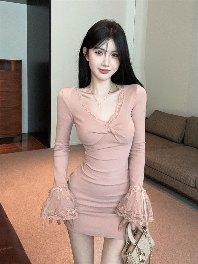 Vintage Long Bell Sleeve V Neck Mini Skirt Sweet Bodycon Lace Trim Short Dress AP3827