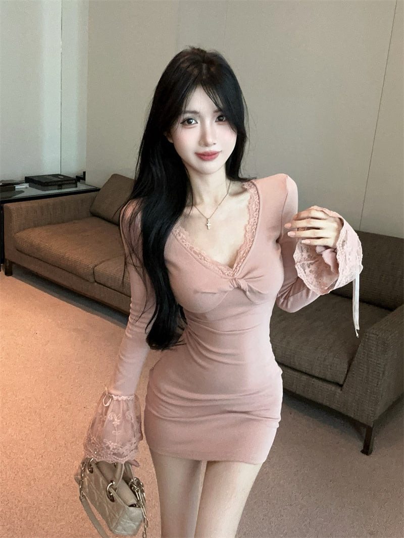 Vintage Long Bell Sleeve V Neck Mini Skirt Sweet Bodycon Lace Trim Short Dress AP3827
