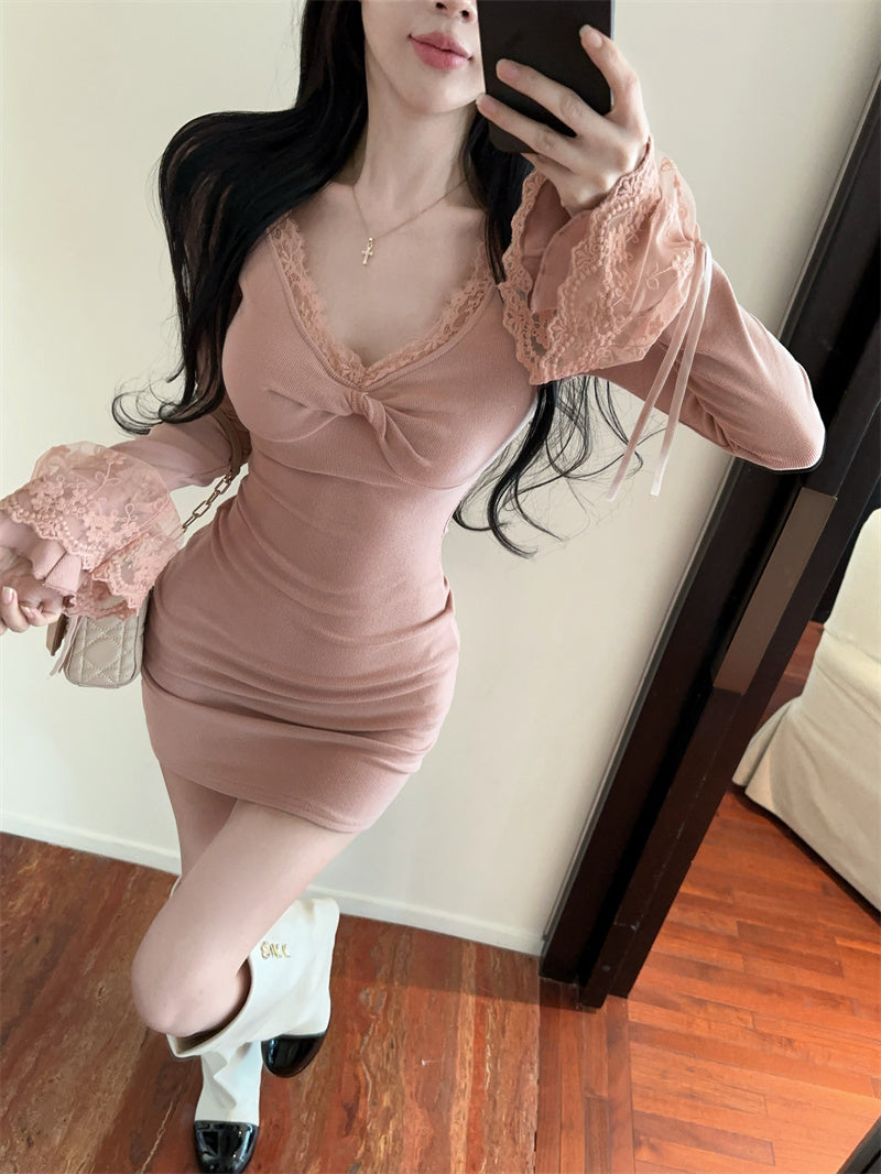 Vintage Long Bell Sleeve V Neck Mini Skirt Sweet Bodycon Lace Trim Short Dress AP3827