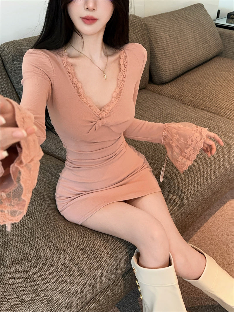 Vintage Long Bell Sleeve V Neck Mini Skirt Sweet Bodycon Lace Trim Short Dress AP3827