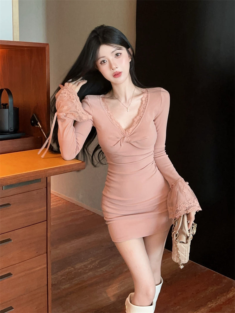 Vintage Long Bell Sleeve V Neck Mini Skirt Sweet Bodycon Lace Trim Short Dress AP3827