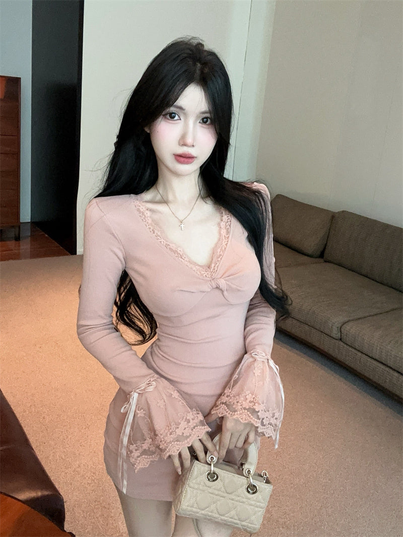 Vintage Long Bell Sleeve V Neck Mini Skirt Sweet Bodycon Lace Trim Short Dress AP3827