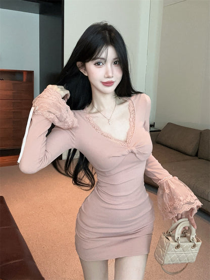 Vintage Long Bell Sleeve V Neck Mini Skirt Sweet Bodycon Lace Trim Short Dress AP3827