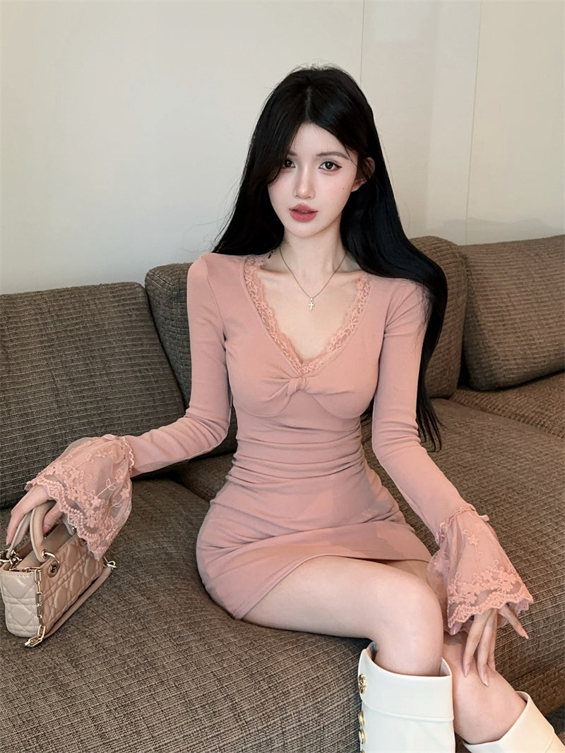 Vintage Long Bell Sleeve V Neck Mini Skirt Sweet Bodycon Lace Trim Short Dress AP3827