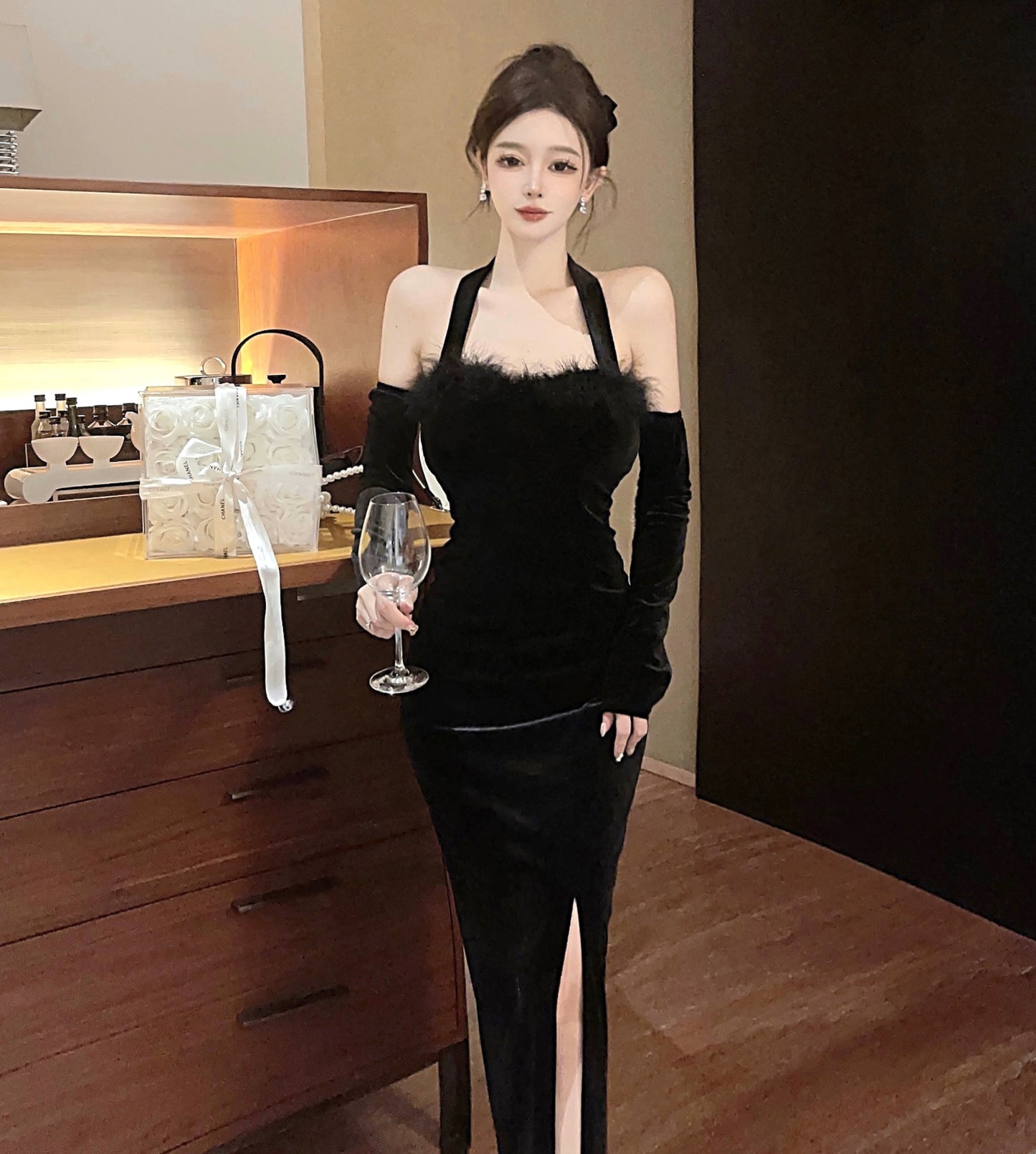 Artistic Detachable Sleeve Sheath Maxi Dress Trendy Black Velvet Side Slit Evening Halter Long Dress AP3828
