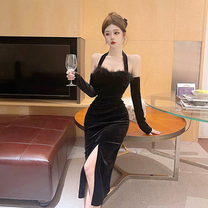 Artistic Detachable Sleeve Sheath Maxi Dress Trendy Black Velvet Side Slit Evening Halter Long Dress AP3828
