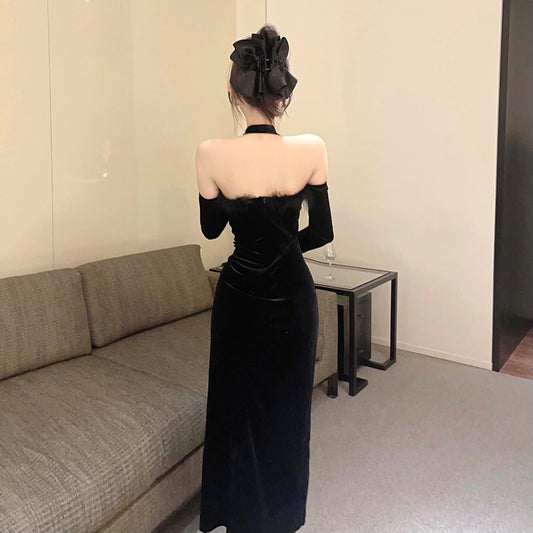 Artistic Detachable Sleeve Sheath Maxi Dress Trendy Black Velvet Side Slit Evening Halter Long Dress AP3828