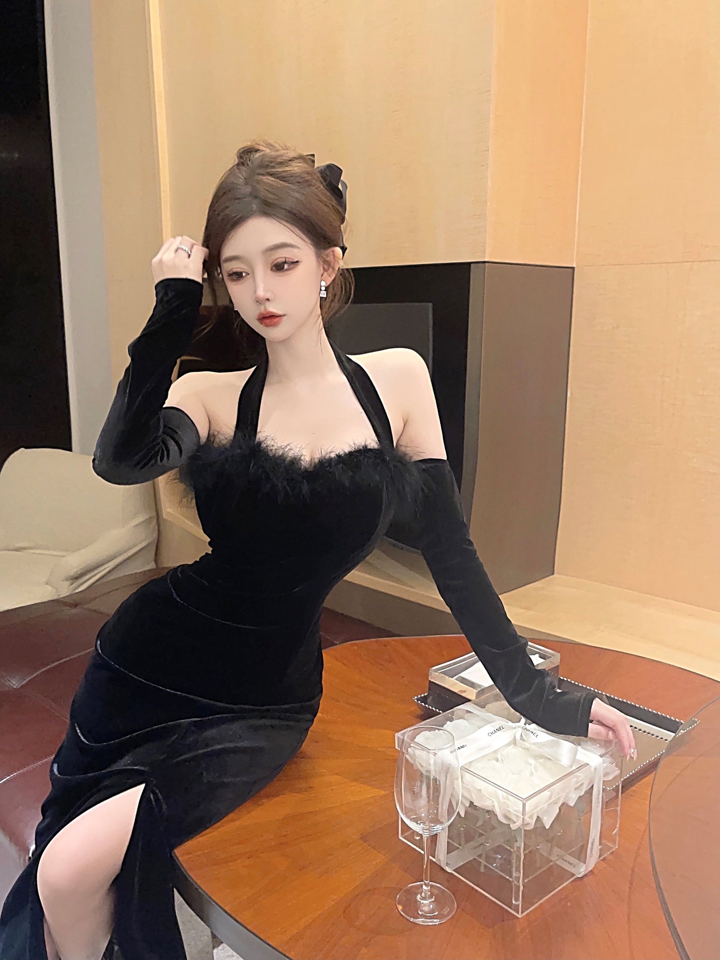 Artistic Detachable Sleeve Sheath Maxi Dress Trendy Black Velvet Side Slit Evening Halter Long Dress AP3828