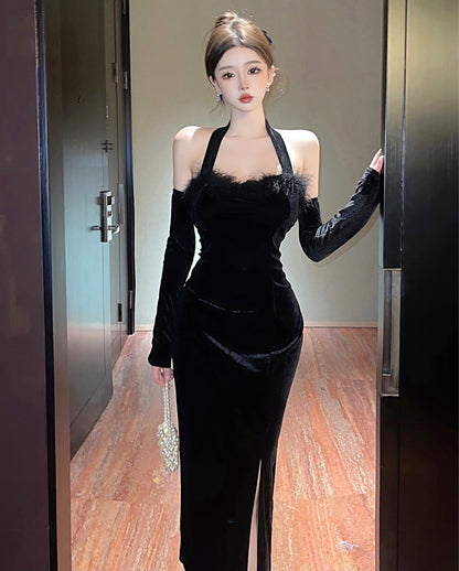 Artistic Detachable Sleeve Sheath Maxi Dress Trendy Black Velvet Side Slit Evening Halter Long Dress AP3828