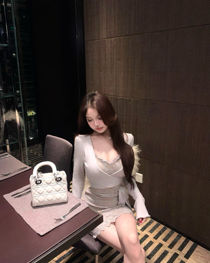 Dreamy Lace Splicing Ruffles Square Neck  Mini Skirt Glam Long Sleeve Bodycon Short Dress AP3829