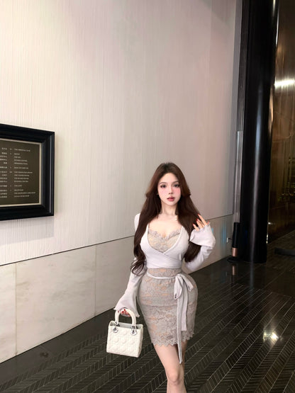 Dreamy Lace Splicing Ruffles Square Neck  Mini Skirt Glam Long Sleeve Bodycon Short Dress AP3829