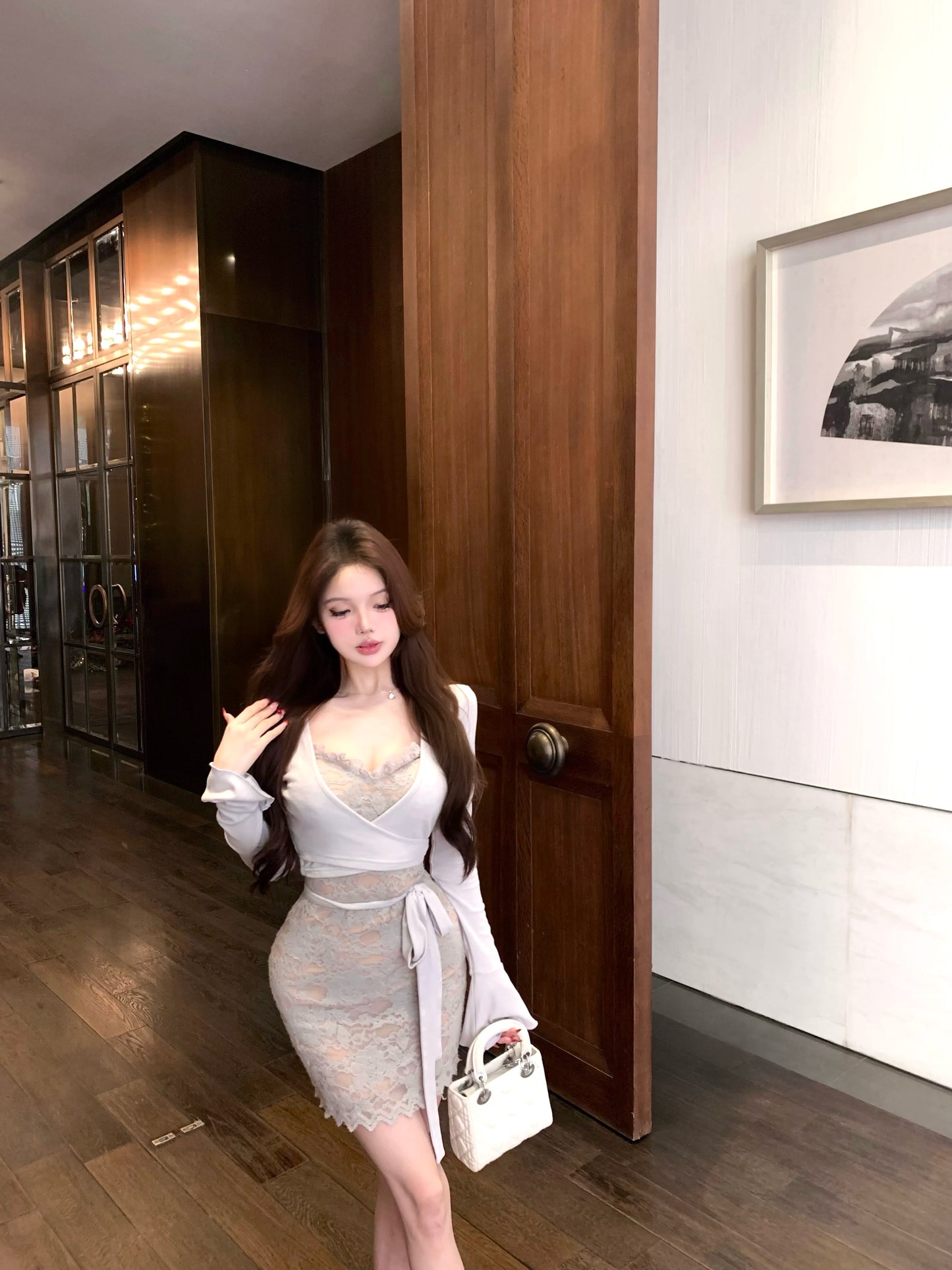 Dreamy Lace Splicing Ruffles Square Neck  Mini Skirt Glam Long Sleeve Bodycon Short Dress AP3829