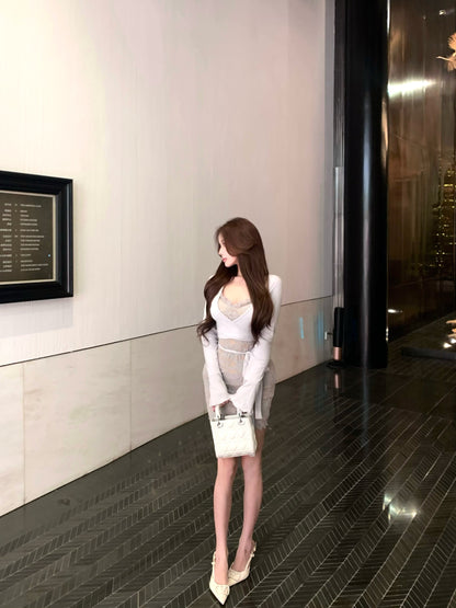 Dreamy Lace Splicing Ruffles Square Neck  Mini Skirt Glam Long Sleeve Bodycon Short Dress AP3829