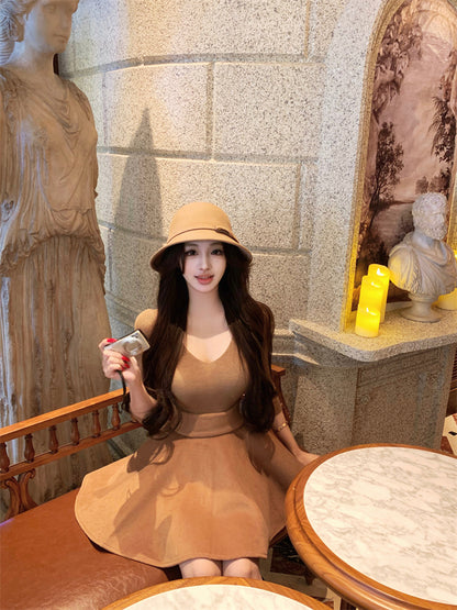 Alluring 2-Piece Set A-Line Cinched-Waist Mini Skirt Minimalism Jewel Neck Long Sleeve Short Dress AP3830