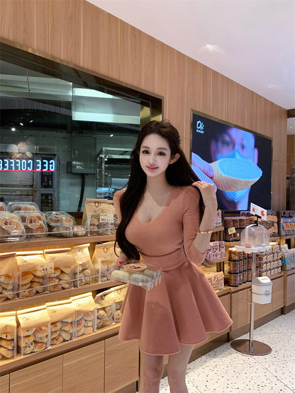 Gorgeous Jewel Neck Long Sleeve Cinched-Waist Mini Skirt Unique 2-Piece Set A-Line Short Dress AP3831