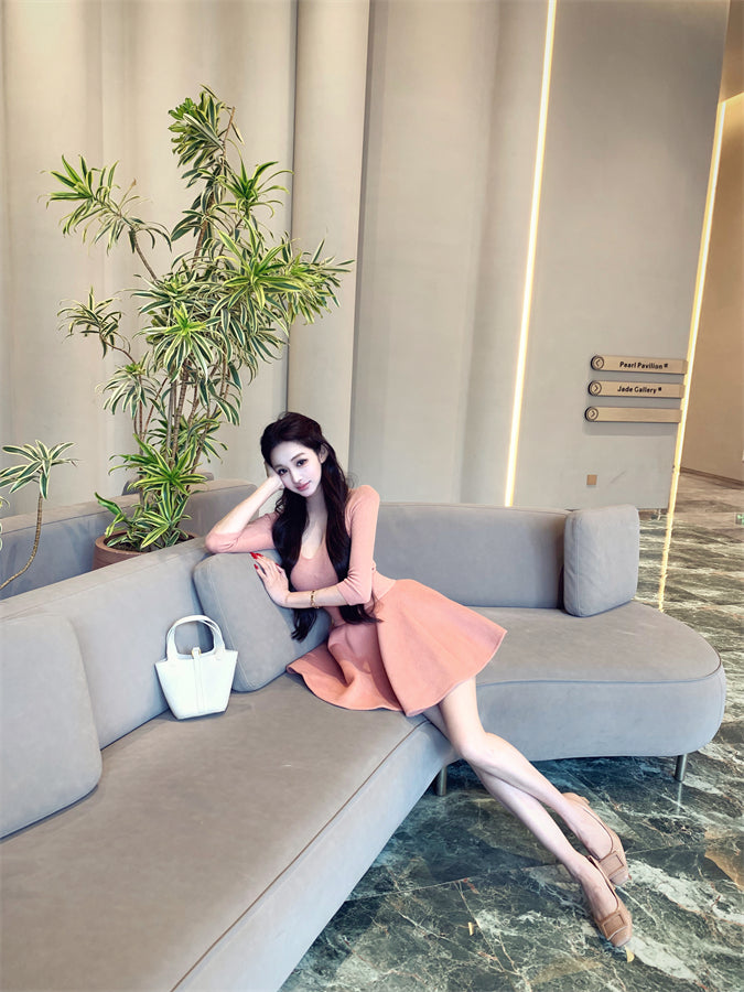 Gorgeous Jewel Neck Long Sleeve Cinched-Waist Mini Skirt Unique 2-Piece Set A-Line Short Dress AP3831