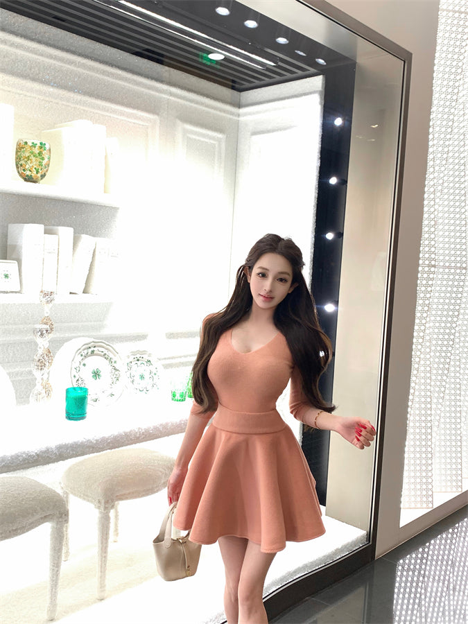 Gorgeous Jewel Neck Long Sleeve Cinched-Waist Mini Skirt Unique 2-Piece Set A-Line Short Dress AP3831