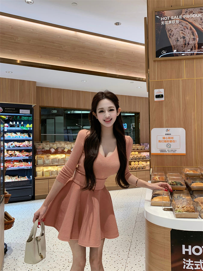 Gorgeous Jewel Neck Long Sleeve Cinched-Waist Mini Skirt Unique 2-Piece Set A-Line Short Dress AP3831