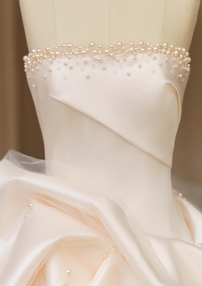 Glamorous A-Line Strapless Engagement Gowns Sweet Beads Satin Tulle Gathered Wedding Dress AP3833