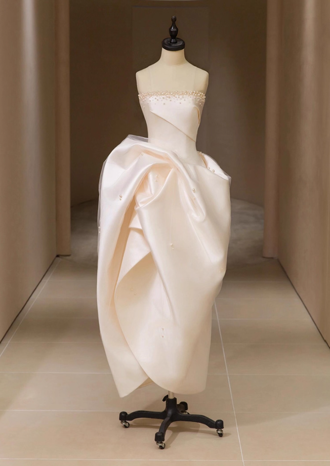 Glamorous A-Line Strapless Engagement Gowns Sweet Beads Satin Tulle Gathered Wedding Dress AP3833