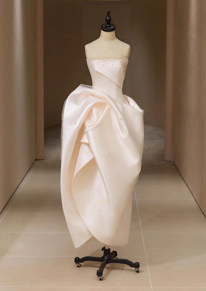 Glamorous A-Line Strapless Engagement Gowns Sweet Beads Satin Tulle Gathered Wedding Dress AP3833