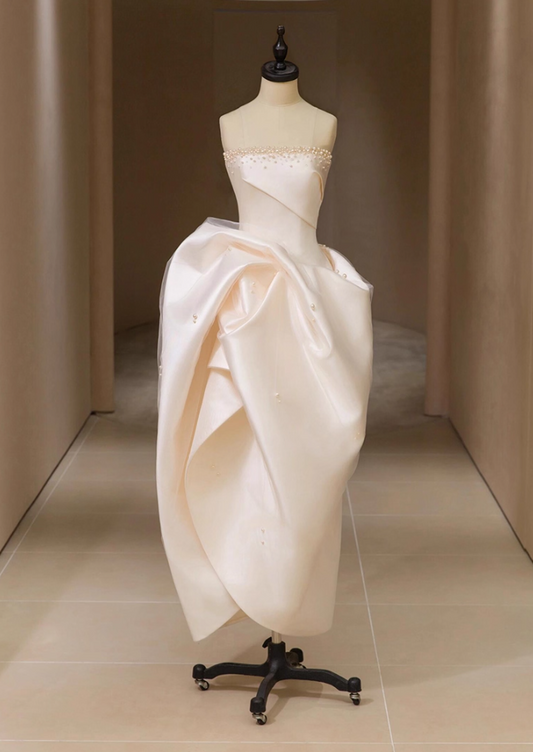 Glamorous A-Line Strapless Engagement Gowns Sweet Beads Satin Tulle Gathered Wedding Dress AP3833