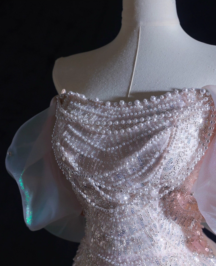 Dramatic Off-Shoulder A-Line Formal Dresses Sequins Beading Lustrous Tulle Prom Dress AP3834