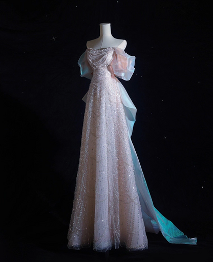 Dramatic Off-Shoulder A-Line Formal Dresses Sequins Beading Lustrous Tulle Prom Dress AP3834