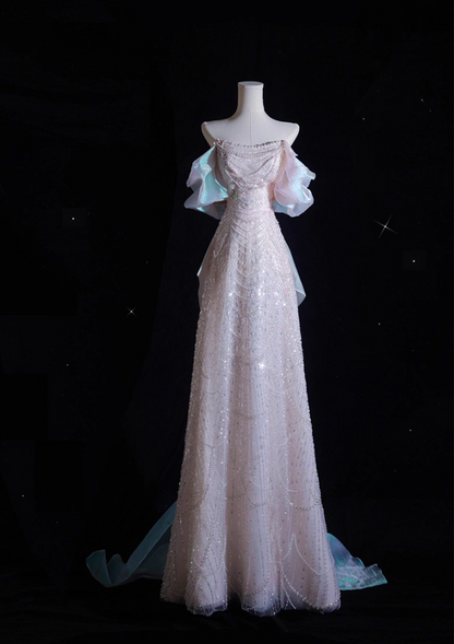 Dramatic Off-Shoulder A-Line Formal Dresses Sequins Beading Lustrous Tulle Prom Dress AP3834