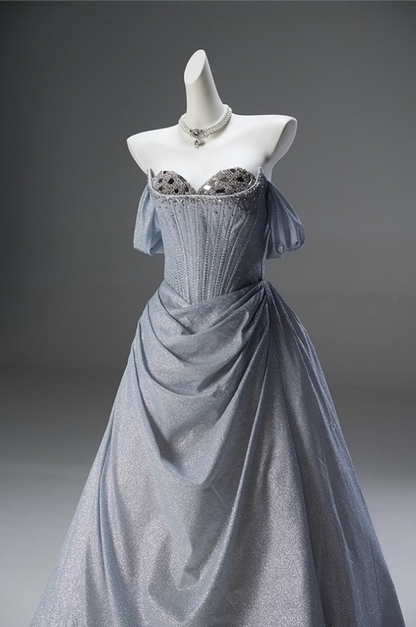 Sheen A-Line Off-Shoulder Draped Evening Dress Sequins Beads Crystals Prom Dress AP3840