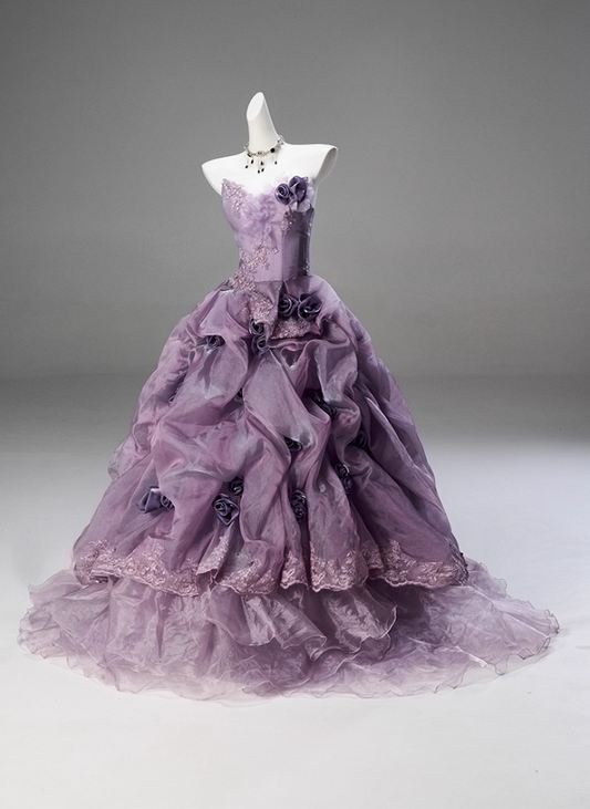 Maximalism A-Line Strapless Sweet 16th Gowns Appliques Sequins Handmade Flowers Beads Lace Tulle Prom Dress AP3841