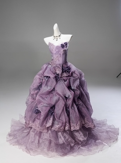 Maximalism A-Line Strapless Sweet 16th Gowns Appliques Sequins Handmade Flowers Beads Lace Tulle Prom Dress AP3841