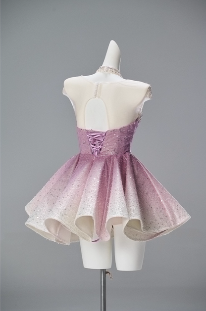 Charming A-Line Jewel Neck Short Sleeve Birthday Gowns Delicate Crystals Sequins Beading Splicing Tulle Homecoming Dress AP3842