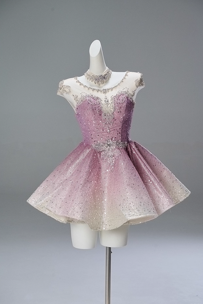 Charming A-Line Jewel Neck Short Sleeve Birthday Gowns Delicate Crystals Sequins Beading Splicing Tulle Homecoming Dress AP3842