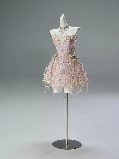 Dopamine Style Strapless A-Line Birthday Dress 3D Petals Sequins Bow Beading Homecoming Dress AP3843