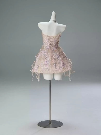 Dopamine Style Strapless A-Line Birthday Dress 3D Petals Sequins Bow Beading Homecoming Dress AP3843