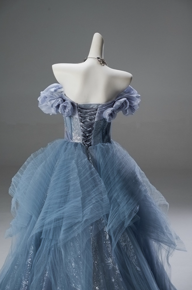 Sparkly A-Line Off-Shoulder Pleated Evening Dress Sequins Crystals Handmade Flowers Splicing Tulle Prom Dress AP3844