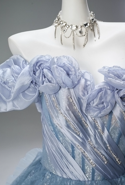 Sparkly A-Line Off-Shoulder Pleated Evening Dress Sequins Crystals Handmade Flowers Splicing Tulle Prom Dress AP3844