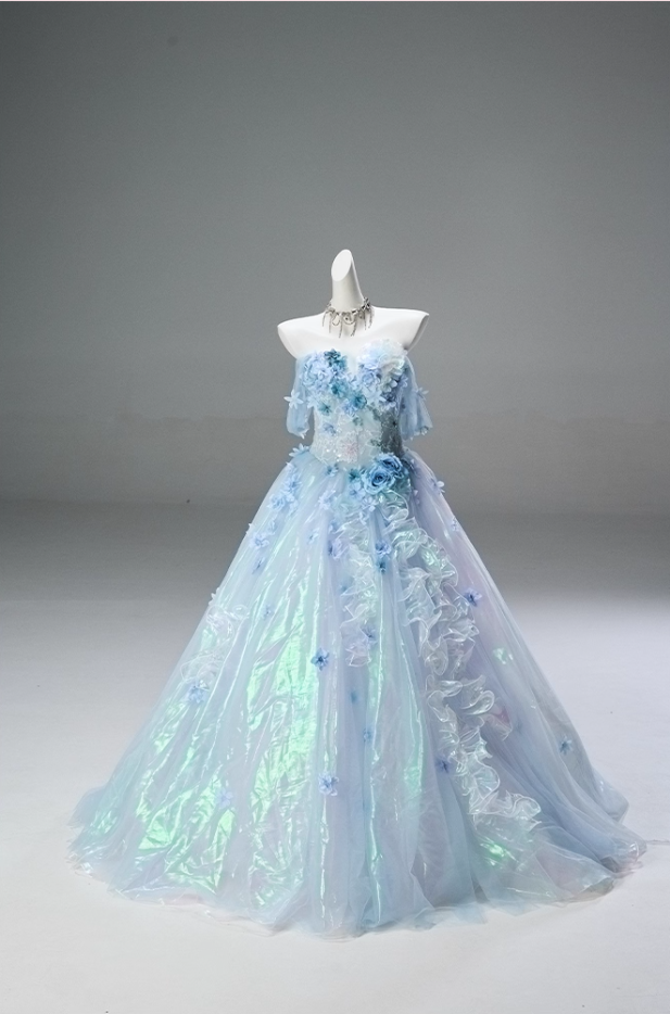 Adorable A-Line Off-Shoulder Pleated Evening Gowns Dreamy Sequins Handmade Flowers Ruffles Prom Dress AP3845