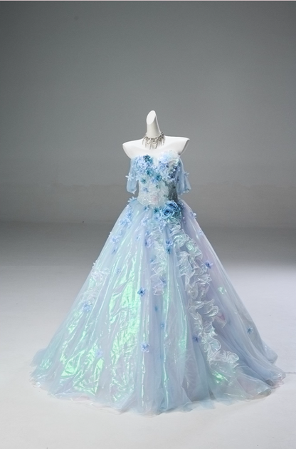 Adorable A-Line Off-Shoulder Pleated Evening Gowns Dreamy Sequins Handmade Flowers Ruffles Prom Dress AP3845